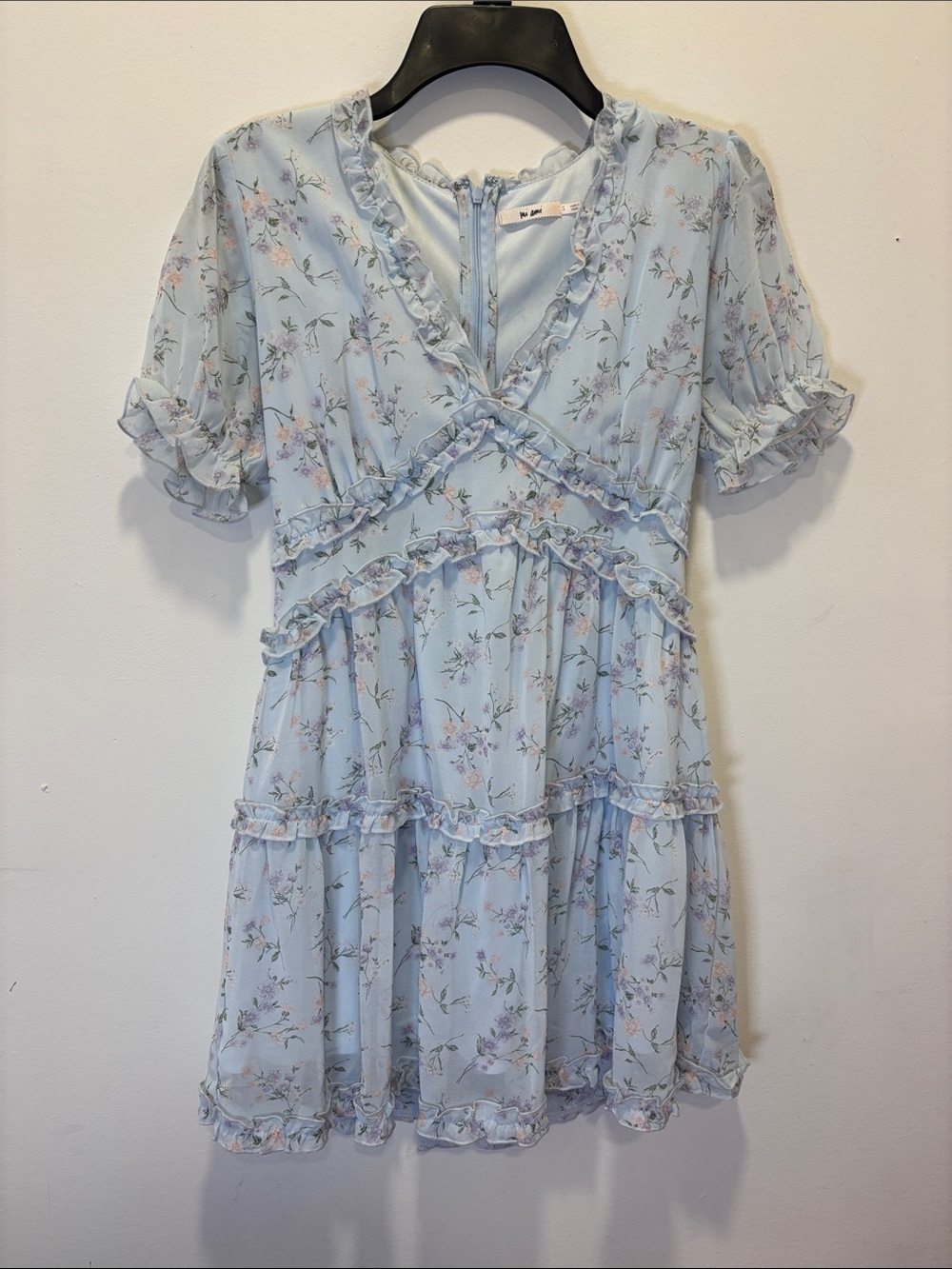 Light Blue Floral Ruffle Tiered Mini Dress